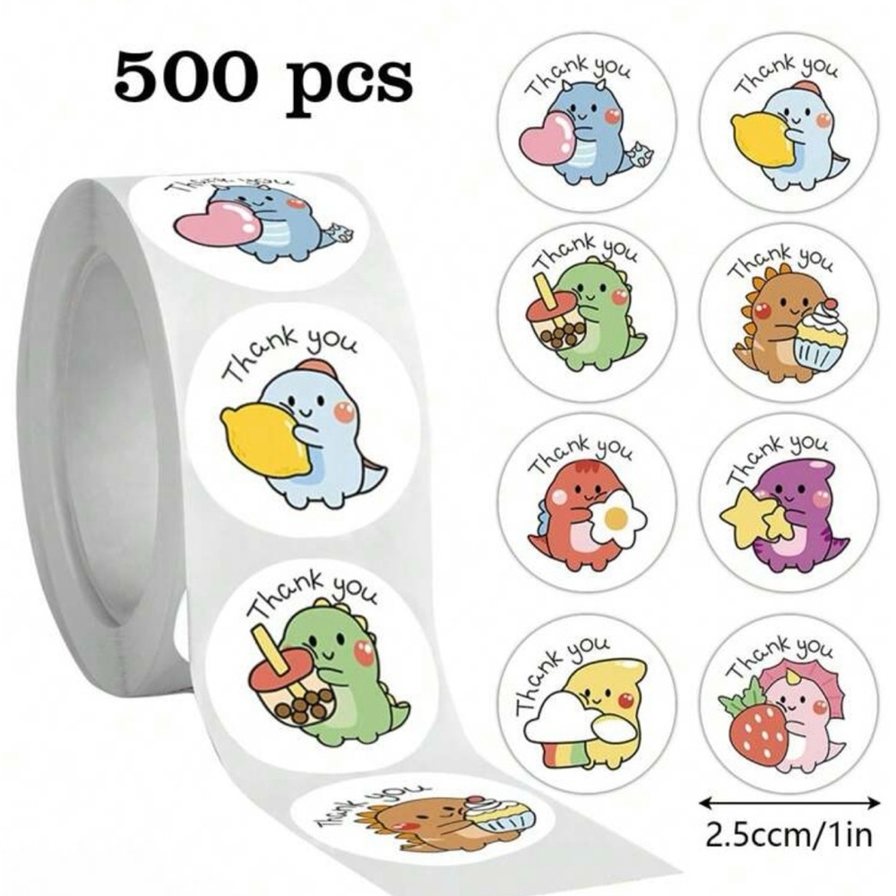 Dinosaur THANK YOU Stickers - 1 Roll (500pcs) NEW
